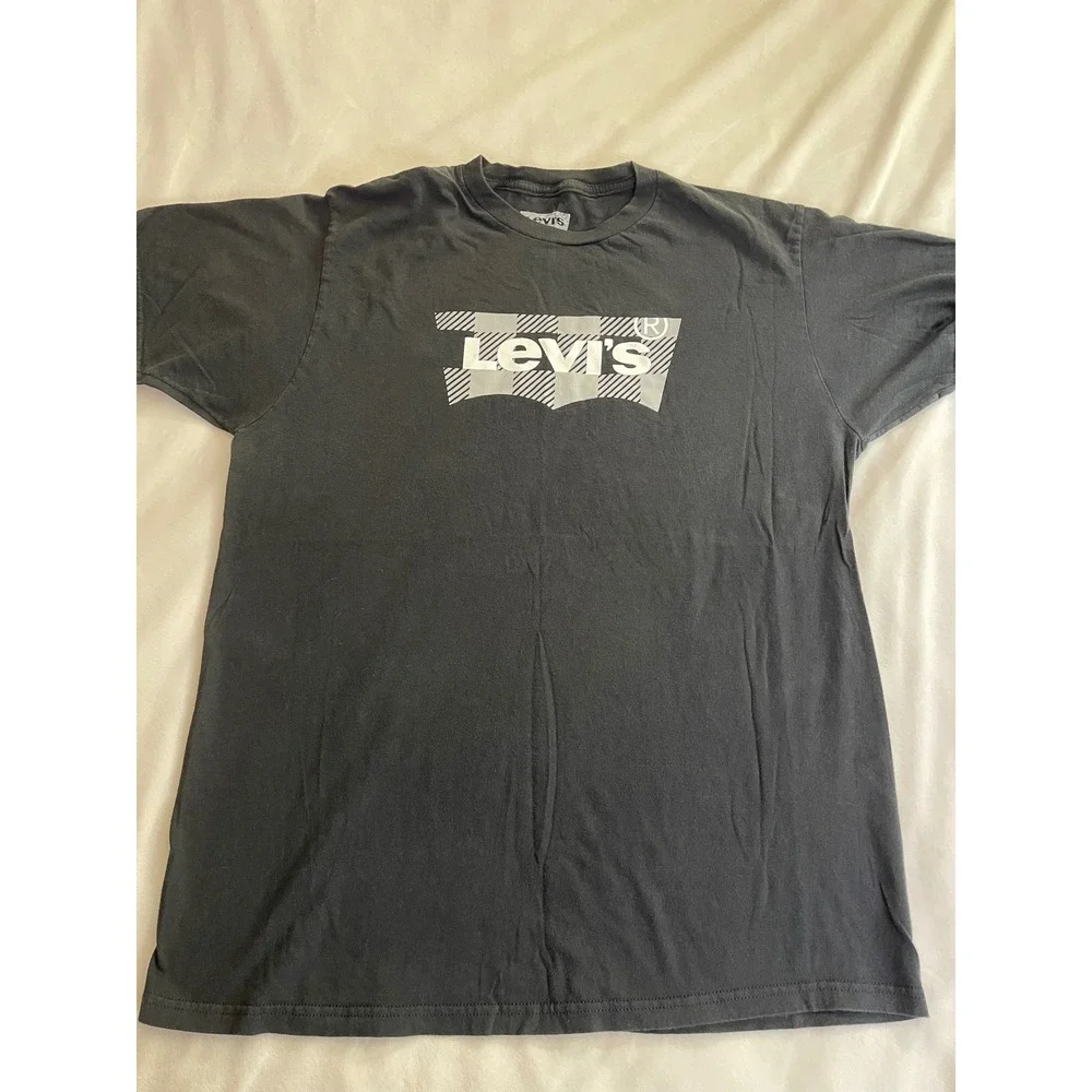 Levis Mens Graphic T-Shirt Faded Black Checkered Batwing Logo Cotton Large